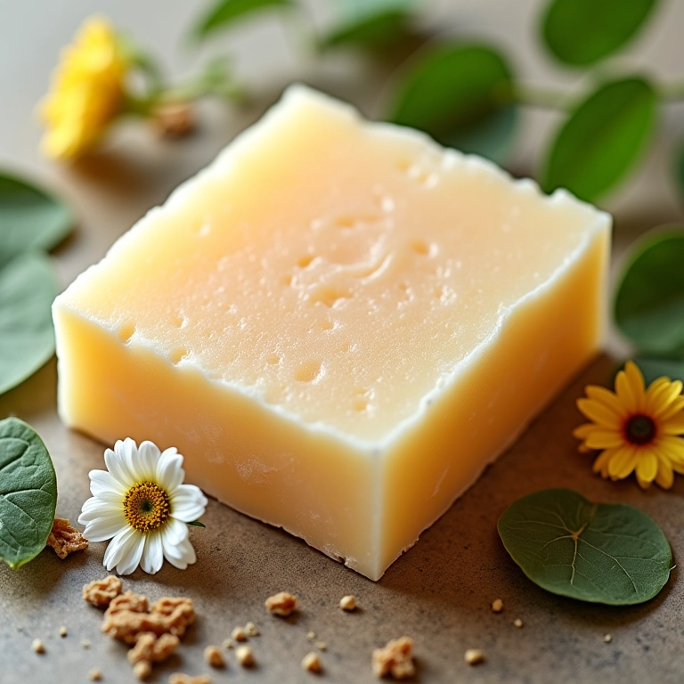 Sabonete sólido com ingredientes naturais e selo vegano.