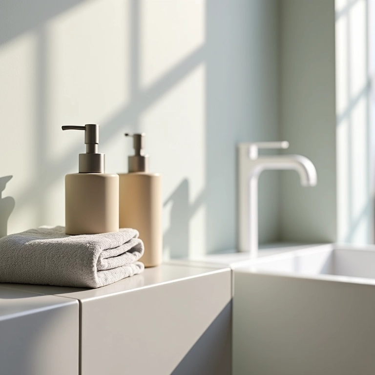 Saboneteira e porta-toalhas estilosos no lavabo.