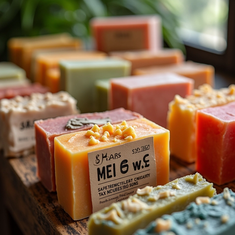 Sabonetes artesanais com etiquetas de preço mostrando os impostos reduzidos do MEI.