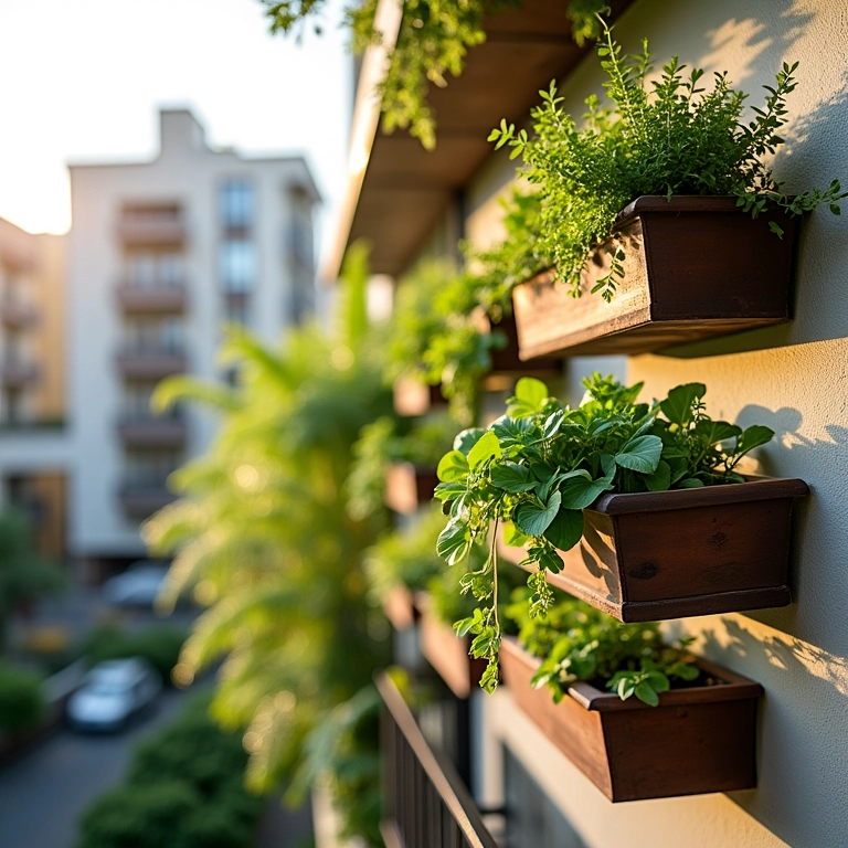 Sacada de apartamento com suportes de parede para plantas, otimizando o espaço vertical.