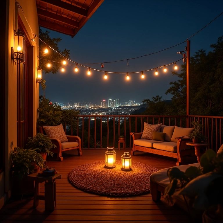 Sacada iluminada à noite com luzes e lanternas, criando um ambiente aconchegante.