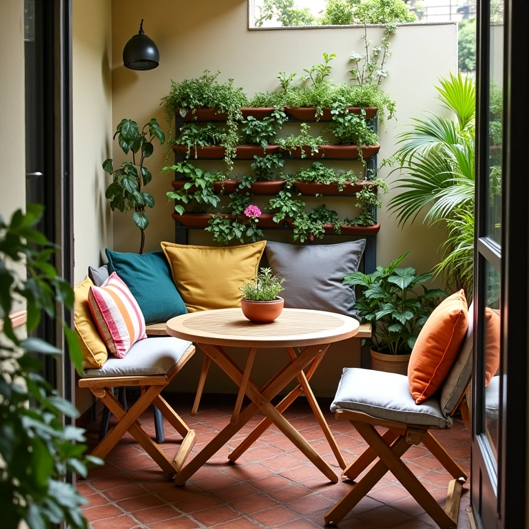 Sacada pequena com mobiliário inteligente, jardim vertical e almofadas coloridas.