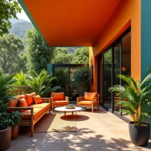 Sacada reformada com cores vibrantes e plantas, integrando o interior e o exterior.