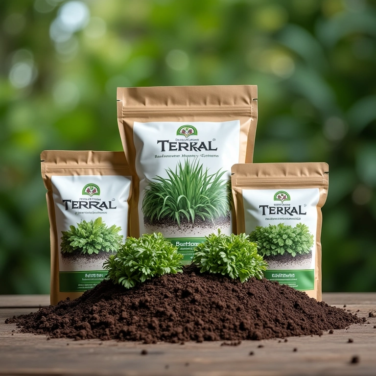 Sacos de substrato Terral, mostrando terra de qualidade para jardins verticais.