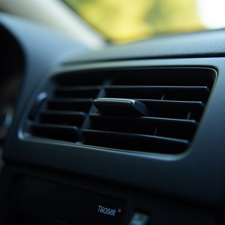 Saída de ar condicionado de carro com filtro empoeirado visível.