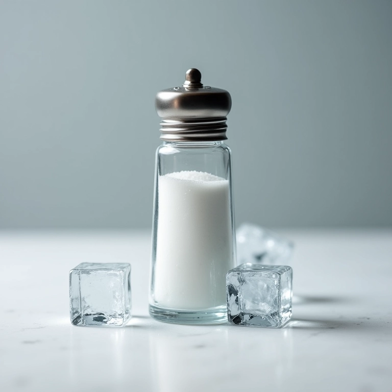 Sal de cozinha ao lado de cubos de gelo derretendo.