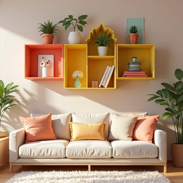 Sala alegre com prateleiras coloridas. Decoração criativa e atmosfera vibrante.