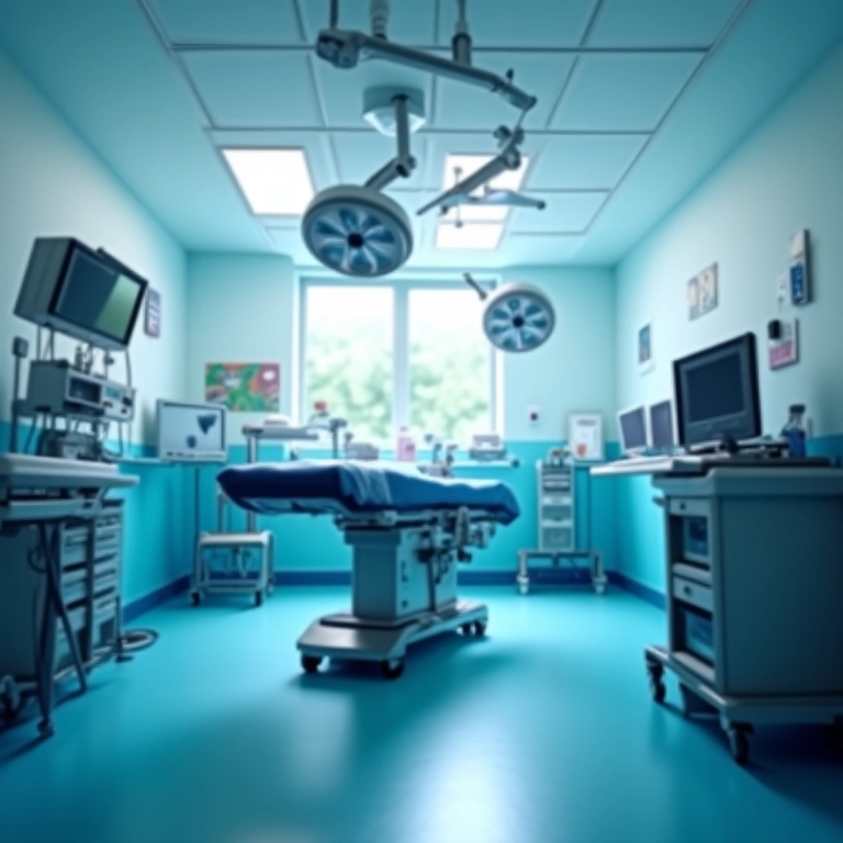 Sala cirúrgica de clínica veterinária com iluminação equilibrada.