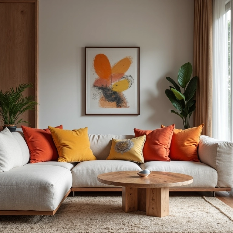 Sala com cores neutras, almofadas vibrantes, arte moderna e detalhes em madeira.