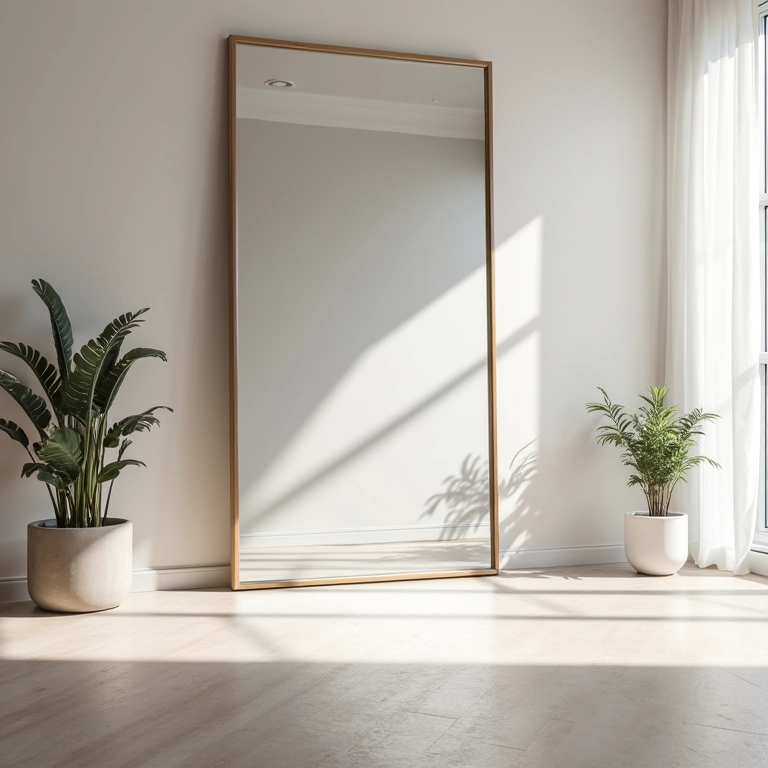 Sala com espelho grande, refletindo a luz e ampliando o ambiente.