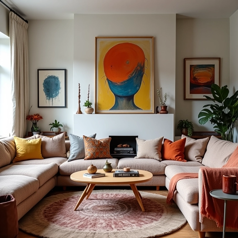 Sala com estilo definido por quadros e decoração boêmia.