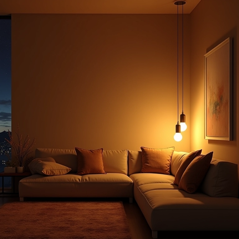 Sala com iluminação estratégica, pendentes, luminária de chão e luz quente.