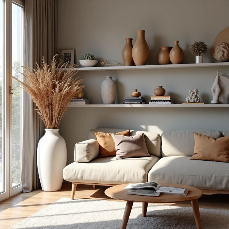 Sala com objetos decorativos, vasos, esculturas, livros e itens pessoais.