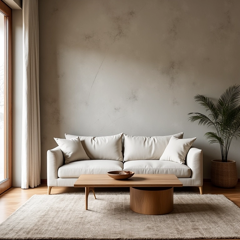 Sala com parede texturizada, sofá de linho, mesa de centro de madeira e tapete de lã.