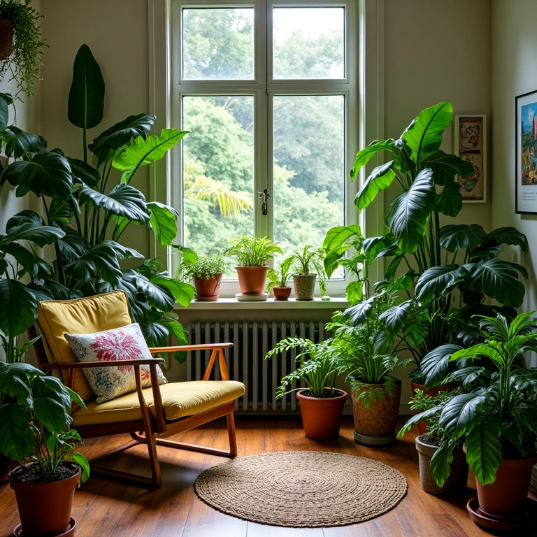 Sala com plantas, monstera, samambaias e luz natural.