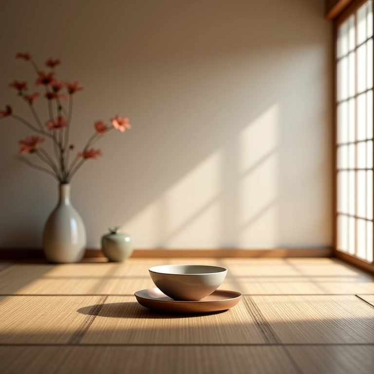Sala de chá japonesa minimalista com tatame, uma flor e iluminação natural.