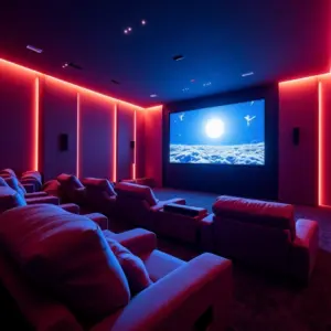 Reforma de Cinema: As Novas Tendências Para 2025 Sala de cinema residencial moderna com poltronas reclináveis e tela grande.