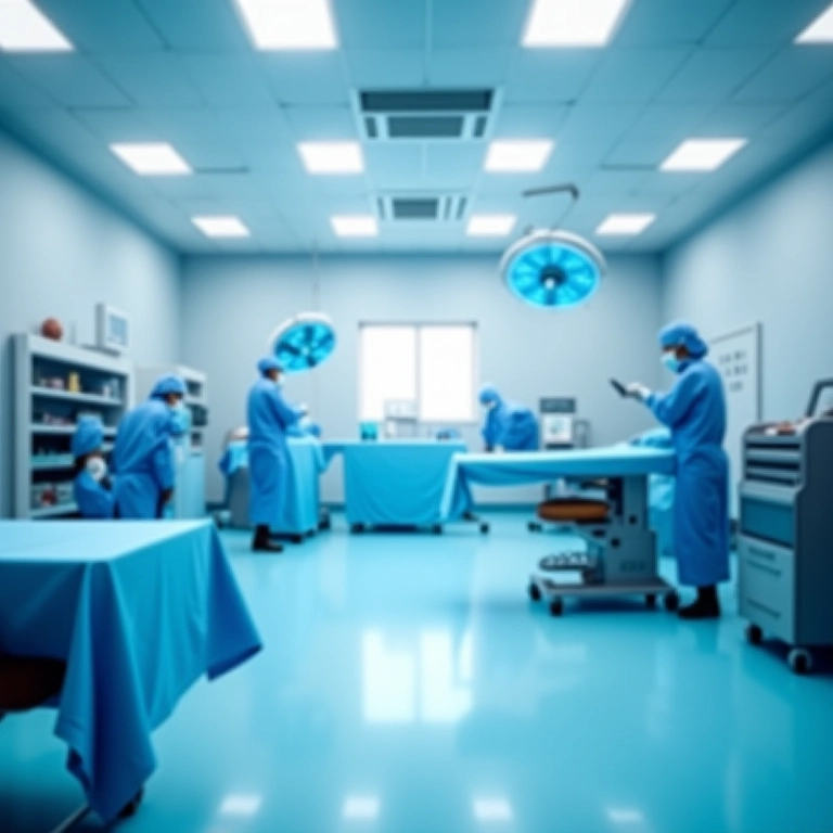 Sala de cirurgia com revestimentos que facilitam a limpeza.