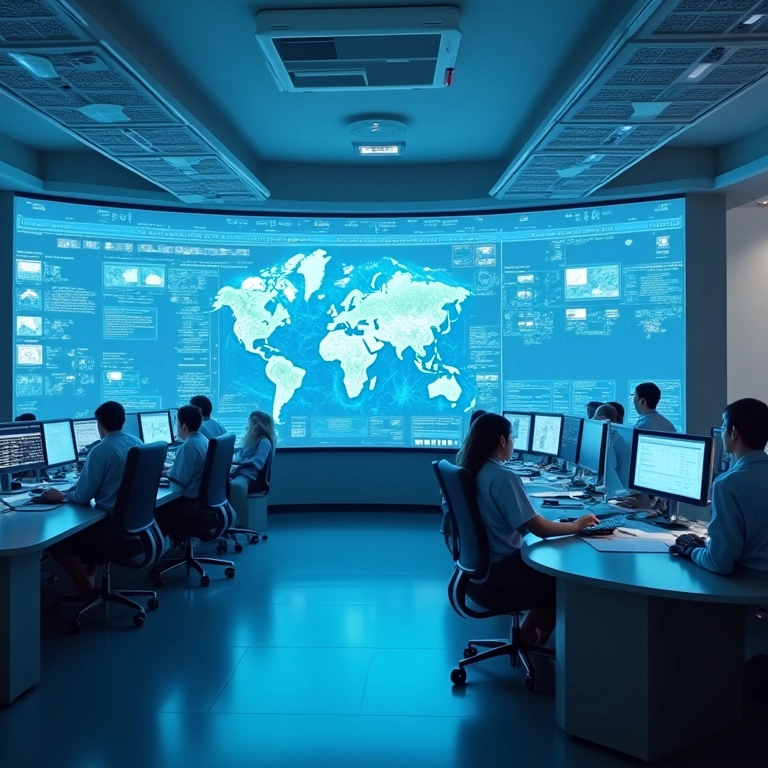 Sala de controle de segurança com sistemas de monitoramento modernos.