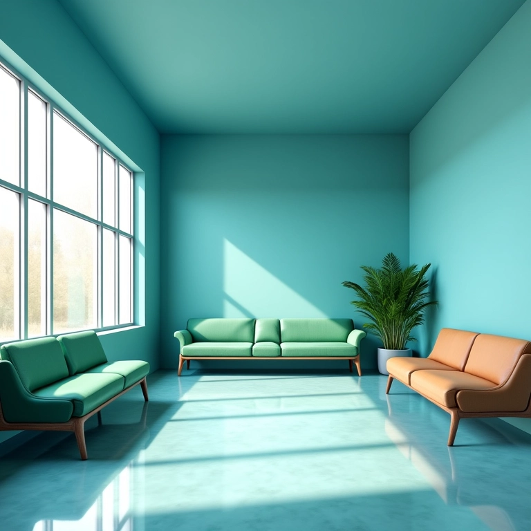 Sala de espera de agência de viagens com cores calmantes.
