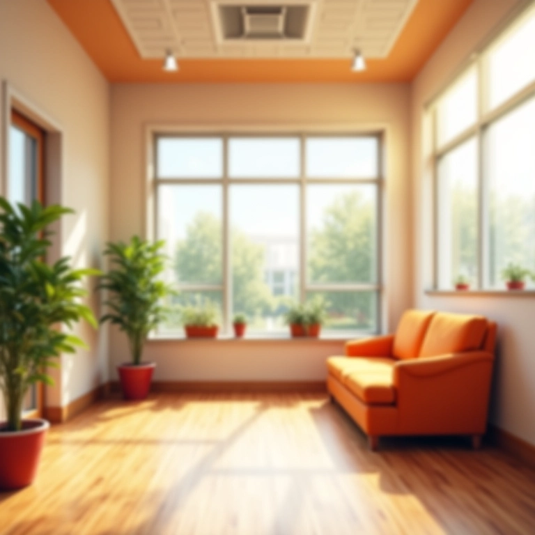 Sala de espera humanizada em hospital veterinário com cores aconchegantes.