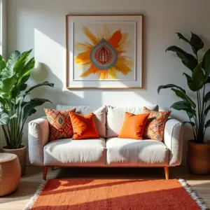 Sala de estar aconchegante com decoração brasileira vibrante e detalhes que fazem a diferença.
