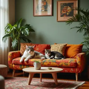 Sala de estar aconchegante com gatos e design brasileiro.