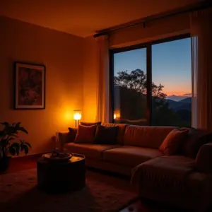 Sala de estar aconchegante com iluminação suave de luminárias, ideal para noite de filmes.