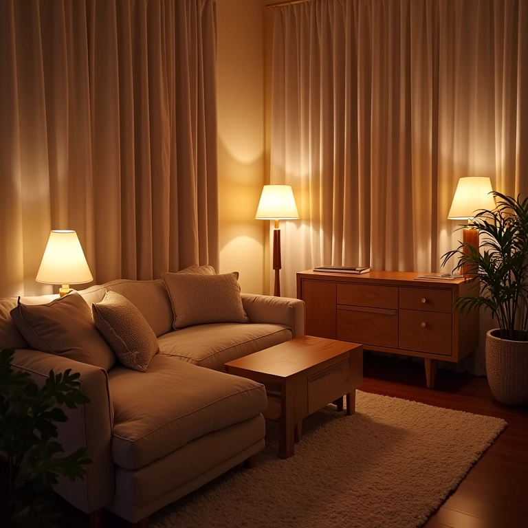 Sala de estar aconchegante com iluminação suave e difusa, com cortinas.