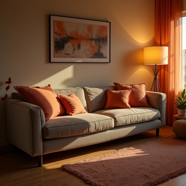 Sala de estar aconchegante com iluminação suave, sofá confortável e cores quentes.