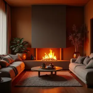 Decoração De Sala De Estar Com Lareira Aconchego Nos Dias Frios Sala de estar aconchegante com lareira acesa, sofá confortável e iluminação suave.