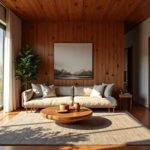 Sala de estar aconchegante com paredes de madeira de demolição e design brasileiro.