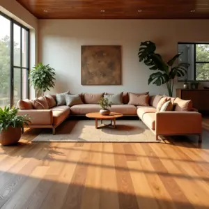 Piso Laminado: Guia Completo Para Não Errar na Escolha Sala de estar aconchegante com piso laminado claro e decoração vibrante em estilo brasileiro.