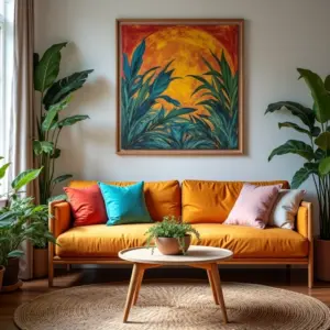 Sala de estar aconchegante decorada com móveis vintage e arte brasileira.