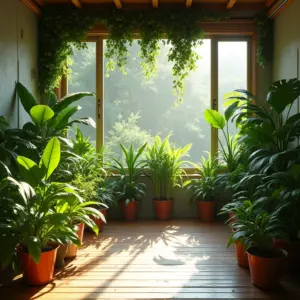 Plantas Para Sala De Estar Grande Imponência Verde Sala de estar ampla com diversas plantas verdes exuberantes.