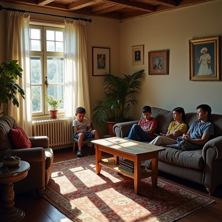 Sala de estar autêntica com decoração imperfeita, móveis antigos e iluminação natural.