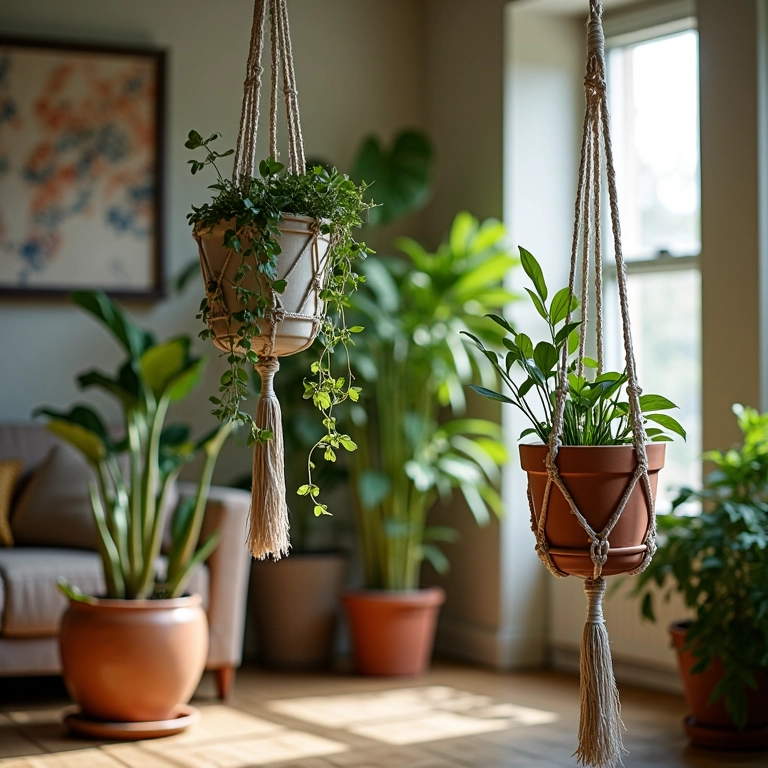 Sala de estar boêmia com suportes suspensos para plantas, criando um ambiente relaxante e estiloso.