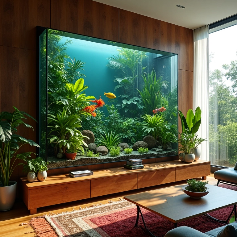 Sala de estar brasileira com aquário plantado como peça central.