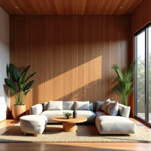 Sala de estar brasileira com parede de ripado de madeira natural.