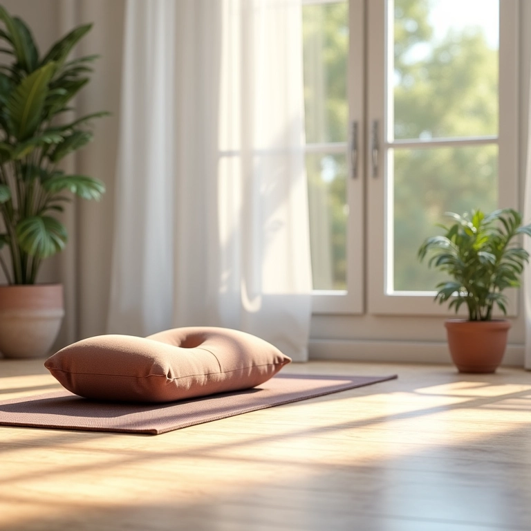 Sala de estar com almofada de meditação, tapete de yoga e luz natural.