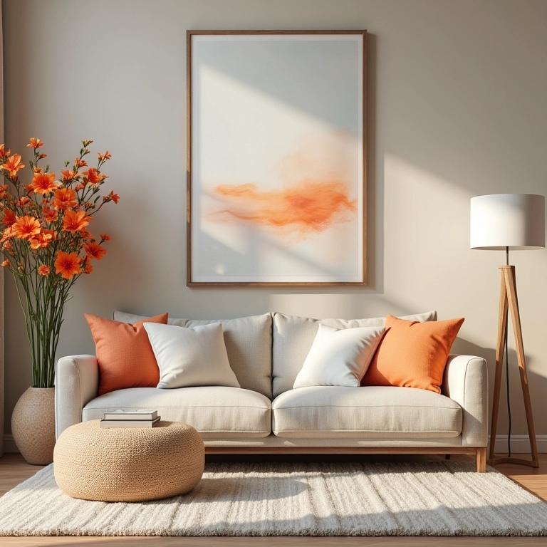 Sala de estar com cores neutras e arranjo de flores artificiais combinando com o estilo.