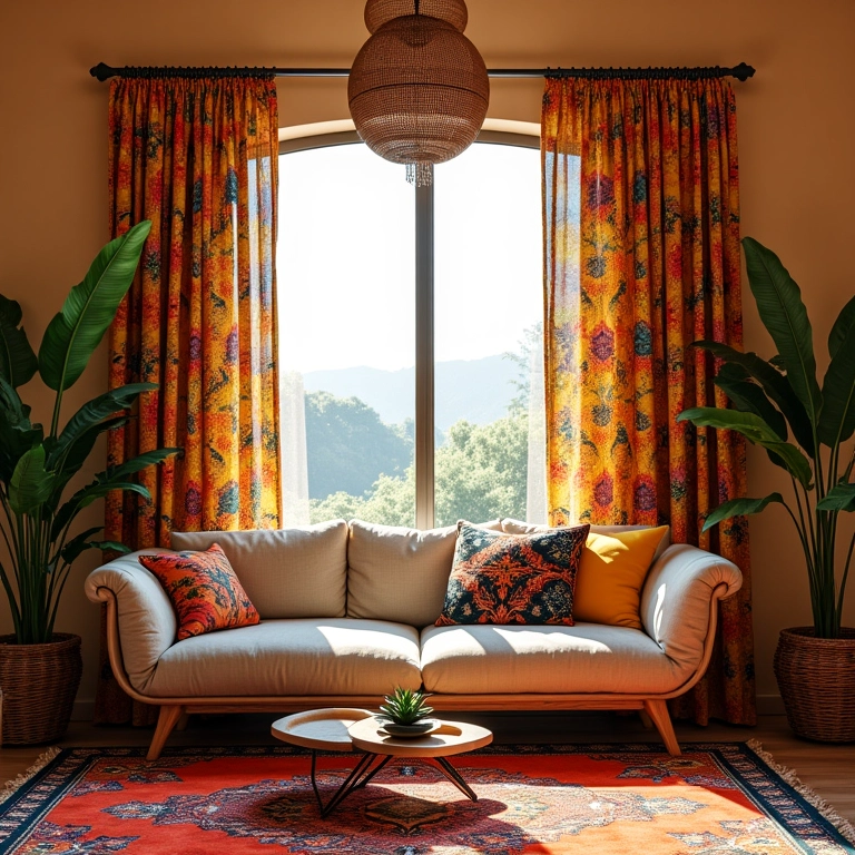 Sala de estar com cortinas estampadas e decoração vibrante.
