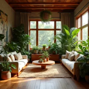 Design Biofílico: O que é e Como Aplicar na Decoração Sala de estar com design biofílico e plantas.