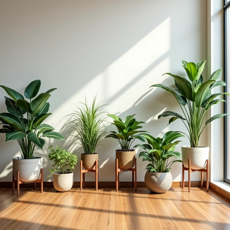 Sala de estar com diversos suportes de chão para plantas, criando um ambiente clássico e versátil.