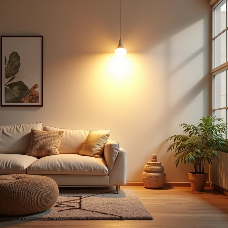 Sala de estar com lâmpadas LED eficientes, proporcionando luz clara e brilhante.