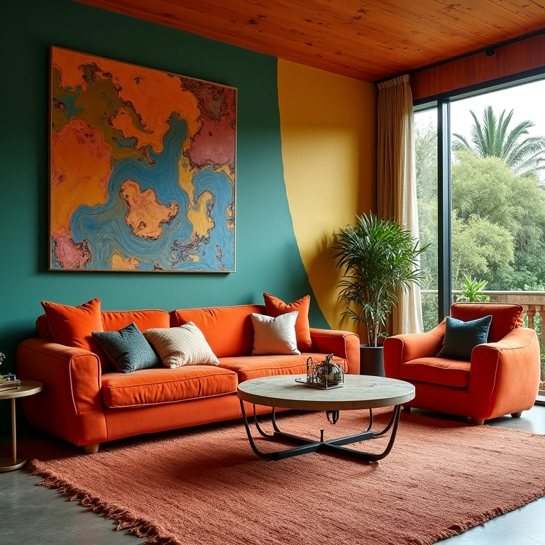 Sala de estar com móveis de design inusitado em estilo desconstrutivista.