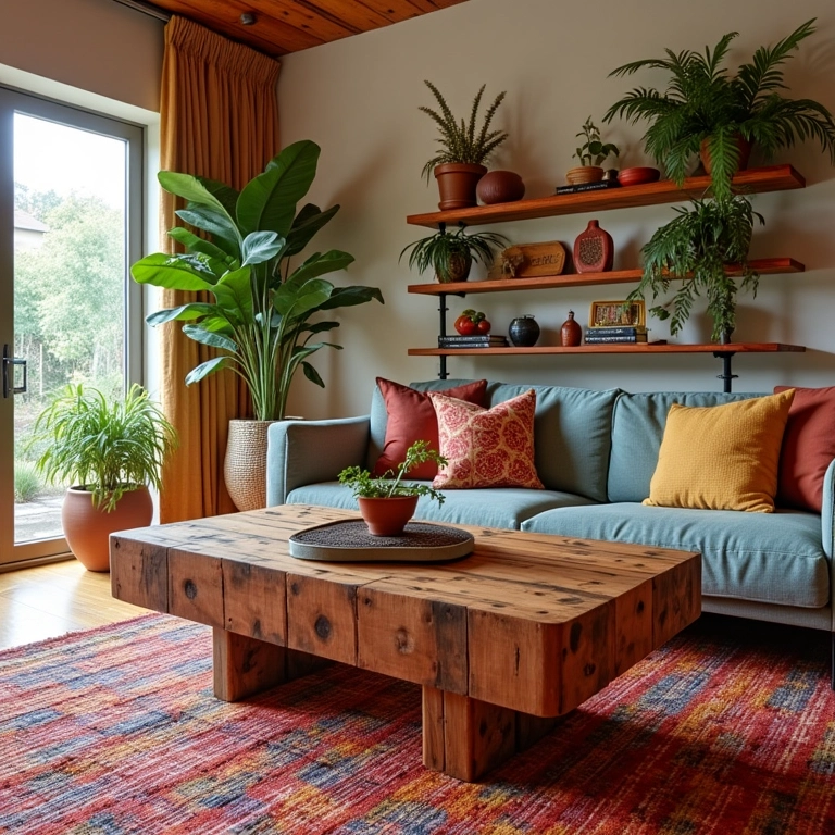 Sala de estar com móveis de ripado de madeira sob medida.