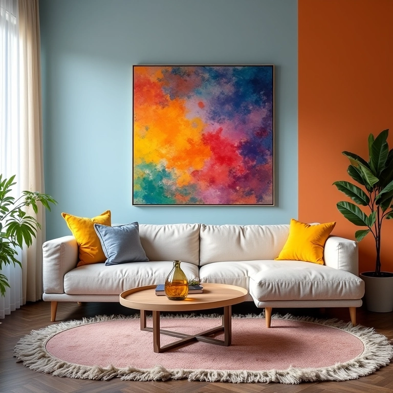 Sala de estar com obras de arte vibrantes, paredes coloridas e luz natural.