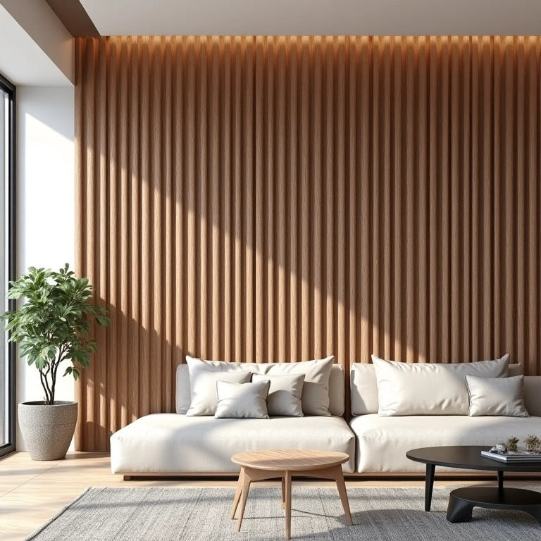 Sala de estar com parede de destaque em ripado de madeira.