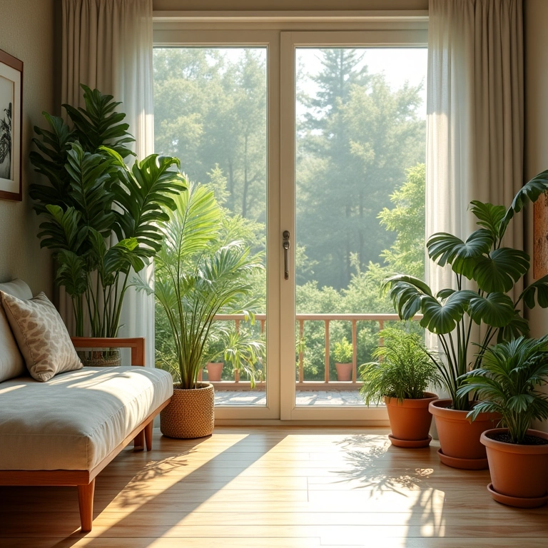 Sala de estar com plantas internas, móveis de madeira natural e vista para o jardim.